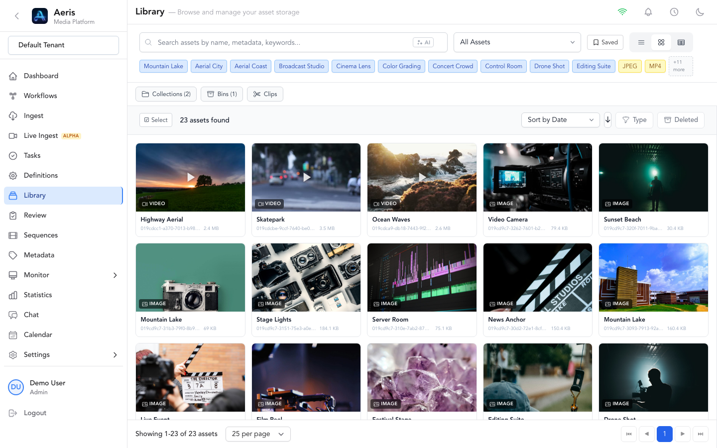 Aeris Media Library — grid view with thumbnails, metadata tags, and search