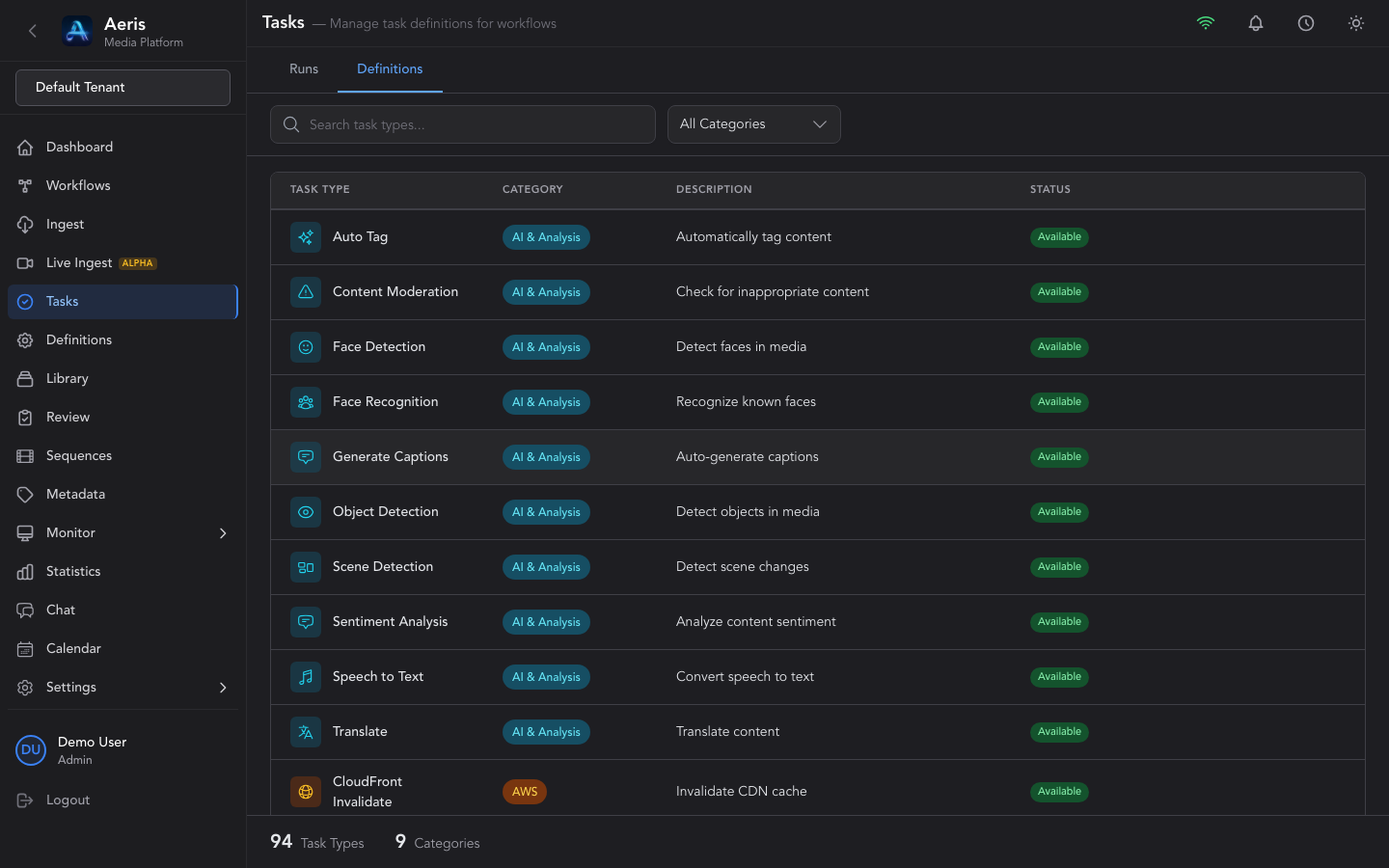 Aeris Task Definitions — 94 built-in task types across 9 categories